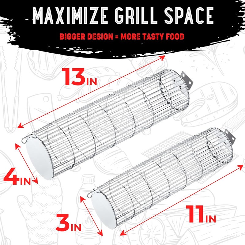 SHIZZO Rolling Grill Basket, New Opening Design, Extra Sturdy Cylinder Grilling Basket, Food Grade Stainless Steel, Large Portable Outdoor Camping accessories BBQ Net Rack, Cooking Griller for Fish, Vegetables, and More - Gifts for Men Dad Husband - Set of 2 - Image 5